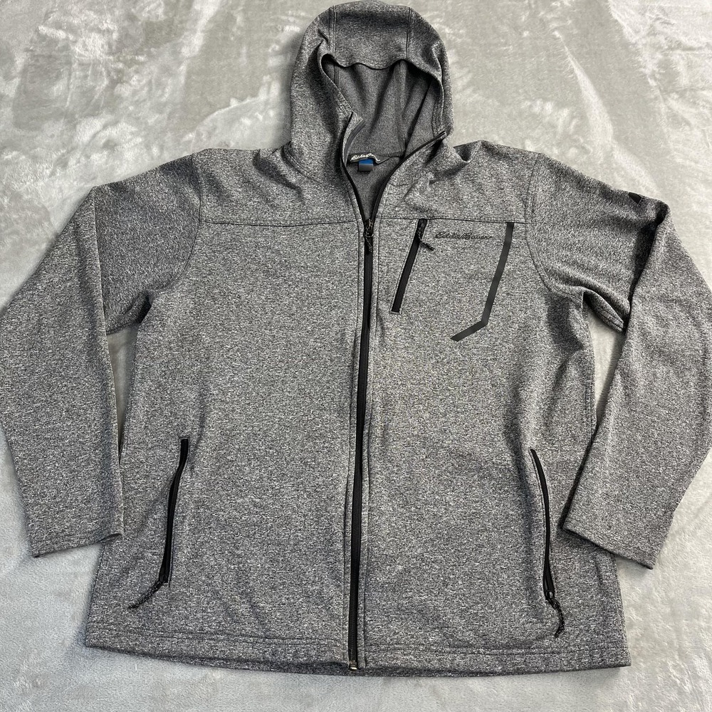 Eddie Bauer Hoodie Mens L Gray Full Zip Logo Pockets Fleece First Ascent Hiking